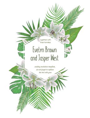 Çiçek davet düğün, kart davet ediyoruz. Vektör suluboya stil, beyaz zambak çiçekler, tropikal palmiye yaprakları, monstera, kentia palmiye ağaçları, diffenbachia, Hindistan cevizi, geometrik. Kartpostal templat