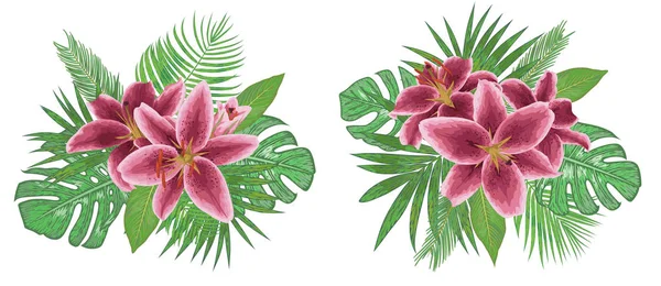 Vector Blomsterbukett Design Ställ Vinröd Lily Blommor Tropisk Palm Blad — Stock vektor