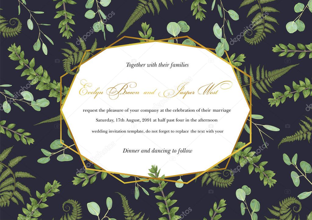 Vector polygonal gold frame with leaves of a forest fern, boxwood and eucalyptus branches on a black background. Suitable for wedding invitations, postcards, posters, certificates, we