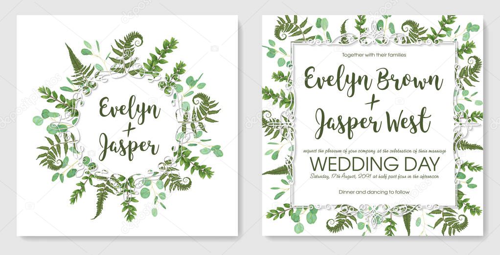 Beautiful delicate vector wedding invitation set, greeting card, save date. Frame of green leaves of fern, boxwood and eucalyptus sprigs isolated on white background . Watercolo