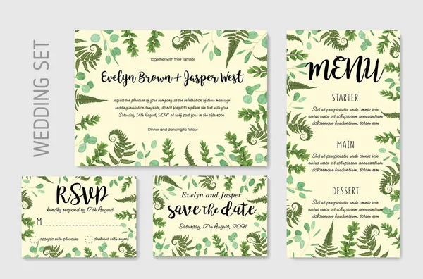 Hochzeitseinladung Einladungsmenü Rsvp Dankeskarte Vektor Florales Grün Design Waldfarnwedel Eukalyptus — Stockvektor