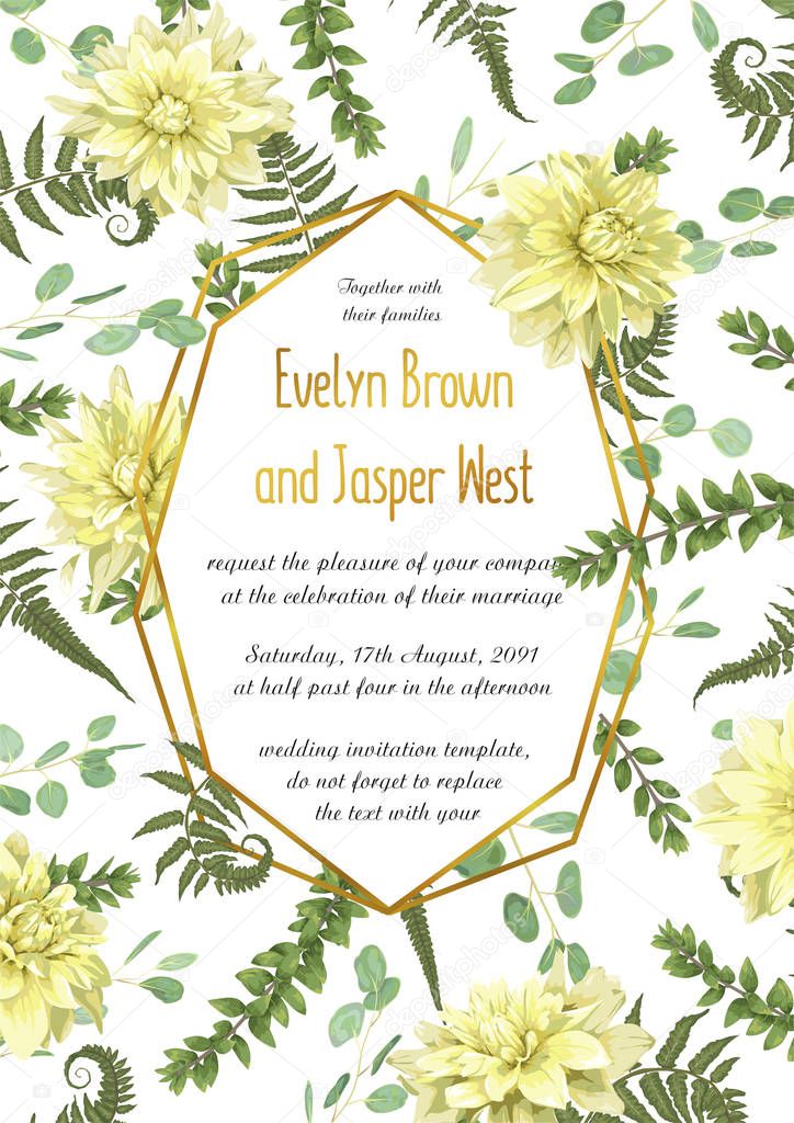 Design watercolor vector geometric golden frame on a black background with leaves of forest fern, boxwood, eucalyptus branches and flowers of yellow dahlia. Wedding invitations, postcards, posters, certificate