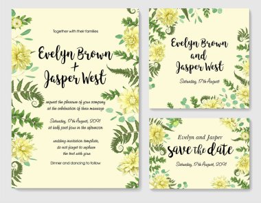 Vektör düğün davetiyesi, tebrik kartı, kümesini kaydetme tarihi. Çerçeve yeşil yaprakları eğreltiotu, şimşir, sarı yıldız çiçeği ve okaliptüs dal çiçek. Suluboya, rustik styl