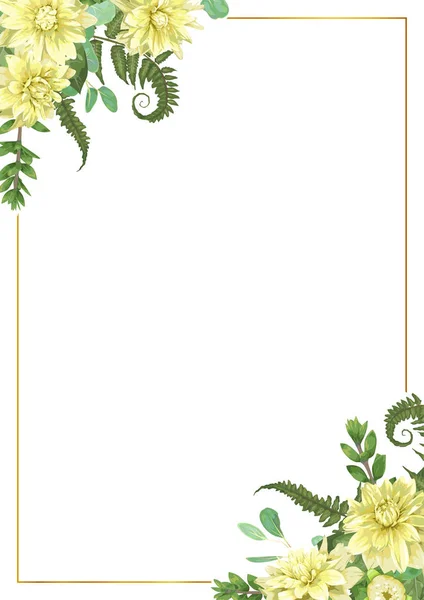 Moldura Retangular Dourada Decorativa Com Eucalipto Samambaia Flores Dália Amarela — Vetor de Stock