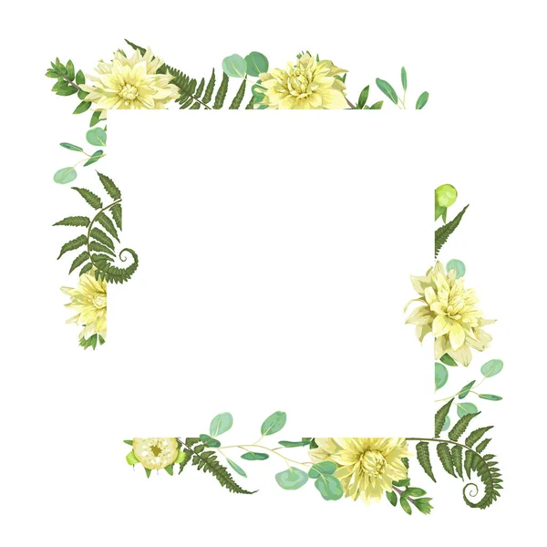 Vector card flowers of yellow dahlia watercolor, forest fern, herbs, eucalyptus, branches boxwood, buxus, botanical green, decorative frame, square. Cute greeting, wedding invit