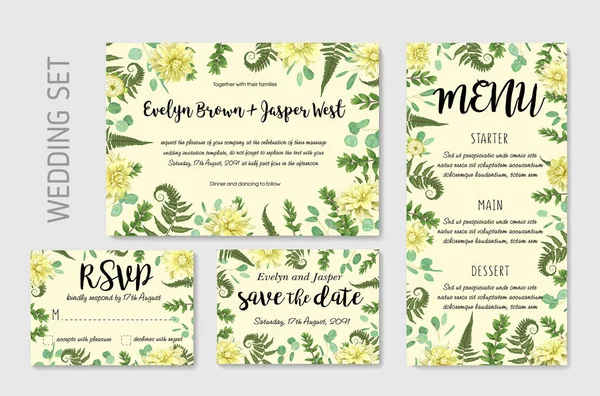 Wedding Invitation, flowers of yellow dahlia, fern leaves greenery, eucalyptus and boxwood branches, forest foliage decorative frame print. Vector elegant watercolor