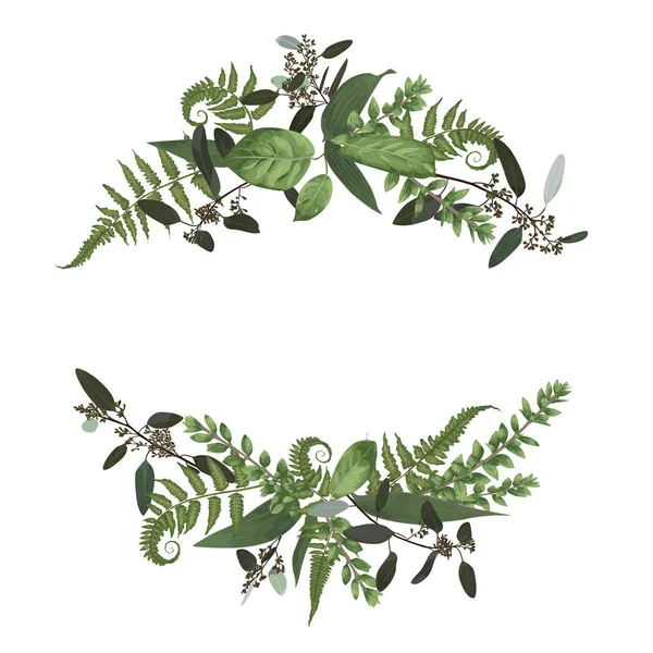 Çiçek buketi tasarım kümesi, yeşil orman yaprak, fern, dalları şimşir, şimşir, okaliptüs. Suluboya stil, otlar. Düğün davetiye kartı izole tasarım öğeleri için. Vektör illustratio