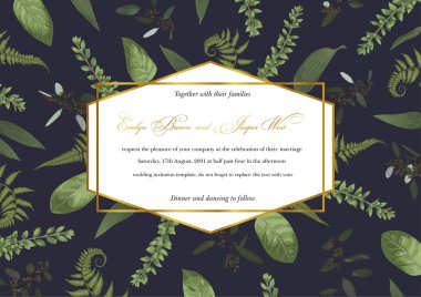 Tasarımcı geometrik altın çerçeve yeşil orman fern, şimşir ve okaliptüs bir siyah arka plan üzerine bırakır. Vektör örnek düğün davetiyeleri, kartpostallar, posterler, afişler, sertifika, Etiketler için