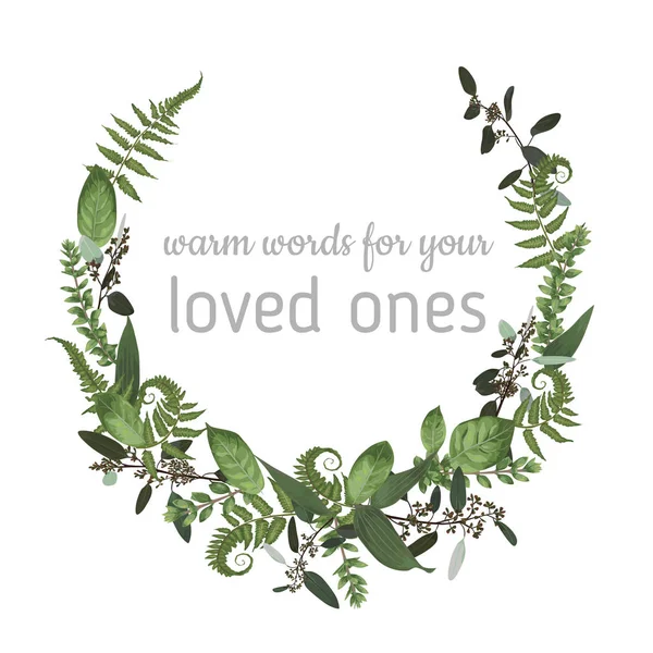 Çelenk otlar ve beyaz arka plan üzerinde izole yaprakları ile. Botanik illüstrasyon. Şimşir, okaliptüs, orman fern. Tarih, davetiyeler, kartları kaydedin. Tasarım öğeleri. Vektör