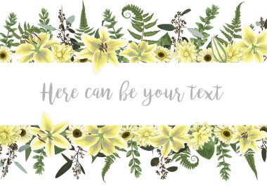 Bir çerçeve yeşil orman yaprak, fern, dalları, şimşir, okaliptüs ile vektör Illustration. Çiçekler beyaz zambak, gerbera, dahlia. Düğün davetiyeleri, tebrik kartları, afiş, sertifikalar ve etiketleri. Horizonta