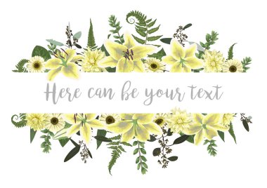Bir çerçeve yeşil orman yaprak, fern, dalları, şimşir, okaliptüs ile vektör Illustration. Çiçekler beyaz zambak, gerbera, dahlia. Düğün davetiyeleri, tebrik kartları, afiş, sertifikalar ve etiketleri. Horizonta