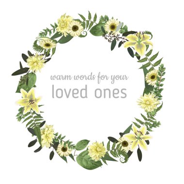 Orman yaprak, fern, dalları, şimşir, okaliptüs ile çiçek kartı. Çiçekler beyaz zambak, gerbera, dahlia. Yeşil yuvarlak çerçeve düğün, Doğum günü, parti için. Vektör çizim suluboya styl