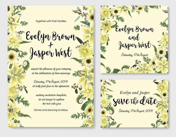 Set Vector Wedding Invitation Greeting Card Date Green Forest Leaf — Stockvector