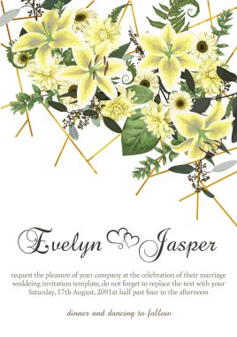 Çiçek davet düğün, kart dikey davet ediyoruz. Vektör suluboya, yeşil orman yaprak, fern, dalları, şimşir, okaliptüs. Çiçekler beyaz zambak, gerbera, dahlia. Altın çizgili beyaz arka plan üzerinde dekorasyon metin