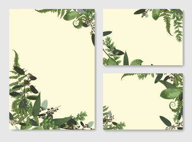 Vektör düğün davetiyesi, tebrik kartı, kümesini kaydetme tarihi. Yeşil yaprakları eğreltiotu, şimşir ve okaliptüs çerçevesinde çırpı. Suluboya, rustik styl