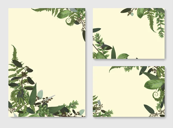 Vektör düğün davetiyesi, tebrik kartı, kümesini kaydetme tarihi. Yeşil yaprakları eğreltiotu, şimşir ve okaliptüs çerçevesinde çırpı. Suluboya, rustik styl