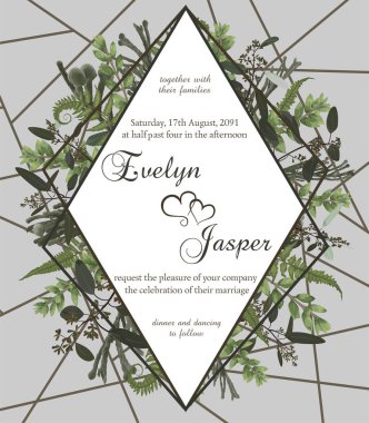 Düğün çiçek davet kartı. Vektör yeşil orman yaprak, fern, dalları şimşir, şimşir, okaliptüs, brunia. Rhomb, Altın çizgili gri bir arka plan üzerinde geometrik çerçeve