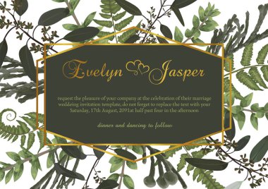 Vektör poligonal altın çerçeve orman fern, şimşir, brunia ve okaliptüs şube yapraklarda beyaz bir arka plan ile. Düğün davetiyeleri, kartpostallar, posterler, sertifika için uygundur.