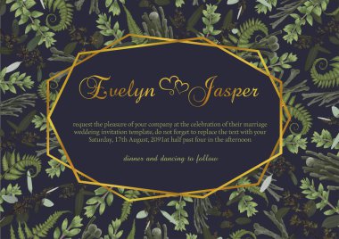 Vektör poligonal altın çerçeve orman fern, şimşir, brunia ve okaliptüs şube yapraklarda mavi bir arka plan ile. Düğün davetiyeleri, kartpostallar, posterler, sertifika için uygundur.
