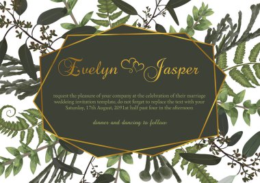 Vektör poligonal altın çerçeve orman fern, şimşir, brunia ve okaliptüs şube yapraklarda beyaz bir arka plan ile. Düğün davetiyeleri, kartpostallar, posterler, sertifika için uygundur.