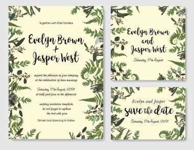 Vektör düğün davetiyesi, tebrik kartı, kümesini kaydetme tarihi. Çerçeve yeşil yaprakları eğreltiotu, brunia, şimşir ve okaliptüs dal. Suluboya, rustik tarzı, afiş, sertifikalar ve etiket