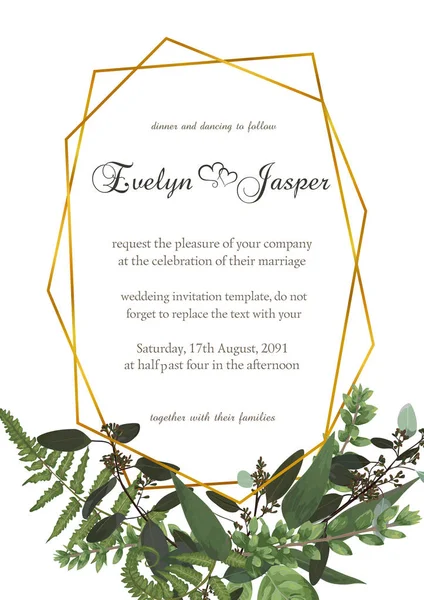 Okaliptüs, fern ve şimşir dallar üzerinde beyaz izole dekoratif altın dikdörtgen çerçeve. Düğün davetiyeleri, vinyetlerin, kartpostallar, brunia için. Çerçeve şablonu vertica