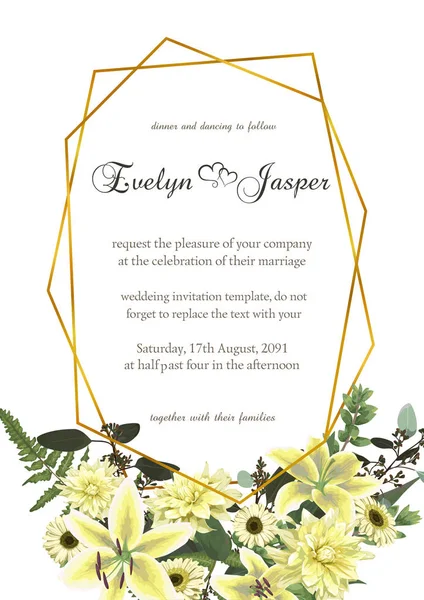 Okaliptüs, fern ve şimşir dalları ile dekoratif altın geometrik çerçeve. Düğün davetiyeleri, vinyetlerin, kartpostallar, brunia, çiçekleri beyaz zambak, gerbera, dahlia. Çerçeve şablonu vertica