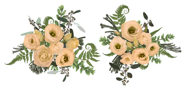 ベクターの花の花束デザイン セット 緑の森の葉 Brunia 枝ツゲ ユーカリと花トルコギキョウ クリーム 水彩風 ハーブ 結婚式招待状カード分離設計要素の — ストックベクタ