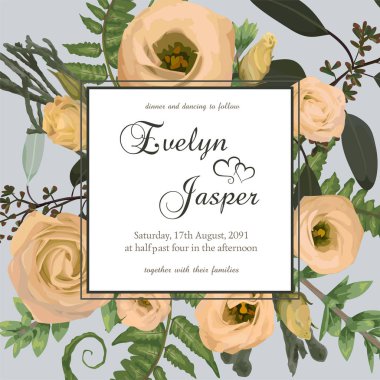 Çiçek davet düğün, kart davet ediyoruz. Vektör suluboya yeşil orman yaprak, fern, brunia, dalları şimşir, şimşir, okaliptüs ve çiçekler eustoma krem. Doğal, botanik dekoratif çerçeve squar