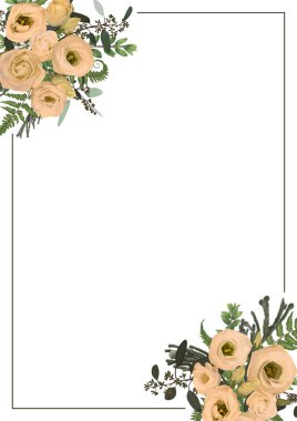 Okaliptüs, fern, brunia, şimşir ile dekoratif altın dikdörtgen çerçeve dallar ve eustoma krem çiçekler. Düğün davetiyeleri, vinyetlerin, kartpostallar, posterler, belge, Diploma için. Vertica
