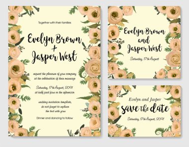 Vektör düğün davetiyesi, tebrik kartı, kümesini kaydetme tarihi. Çerçeve yeşil yaprakları eğreltiotu, brunia, şimşir okaliptüs ve eustoma krem çiçekler. Suluboya, rustik tarzı, afiş, sertifikalar