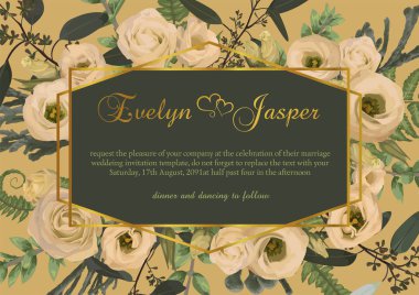 Yaprakları bir orman fern, şimşir, brunia okaliptüs şube ve çiçekler eustoma krem ile poligonal altın çerçeve vektör. turuncu bir arka plan üzerinde. Düğün davetiyeleri, kartpostallar, poster