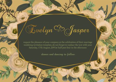 Yaprakları bir orman fern, şimşir, brunia okaliptüs şube ve çiçekler eustoma krem ile poligonal altın çerçeve vektör. turuncu bir arka plan üzerinde. Düğün davetiyeleri, kartpostallar, poster