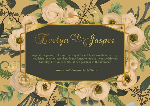 Yaprakları bir orman fern, şimşir, brunia okaliptüs şube ve çiçekler eustoma krem ile poligonal altın çerçeve vektör. turuncu bir arka plan üzerinde. Düğün davetiyeleri, kartpostallar, poster