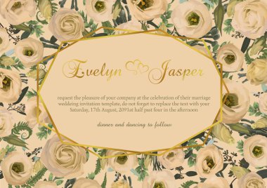 Yaprakları bir orman fern, şimşir, brunia okaliptüs şube ve çiçekler eustoma krem ile poligonal altın çerçeve vektör. turuncu bir arka plan üzerinde. Düğün davetiyeleri, kartpostallar, poster