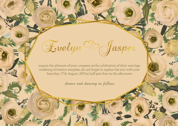 Yaprakları bir orman fern, şimşir, brunia okaliptüs şube ve çiçekler eustoma krem ile poligonal altın çerçeve vektör. turuncu bir arka plan üzerinde. Düğün davetiyeleri, kartpostallar, poster