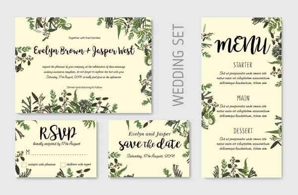 Προσκλητήριο Γάμου Floral Καλέσει Ευχαριστώ Rsvp Κάρτα Σχεδίασης Ευκάλυπτος Δάσος — Διανυσματικό Αρχείο