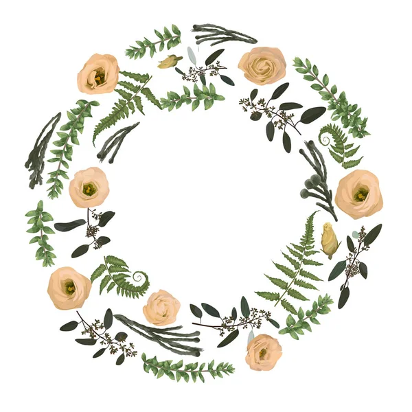 Green vector wreath frame made from twigs and leaves. Forest fern, herbs, eucalyptus, branches boxwood, buxus, brunia, botanical green and flowers eustoma cream isolated on white background. For wedding
