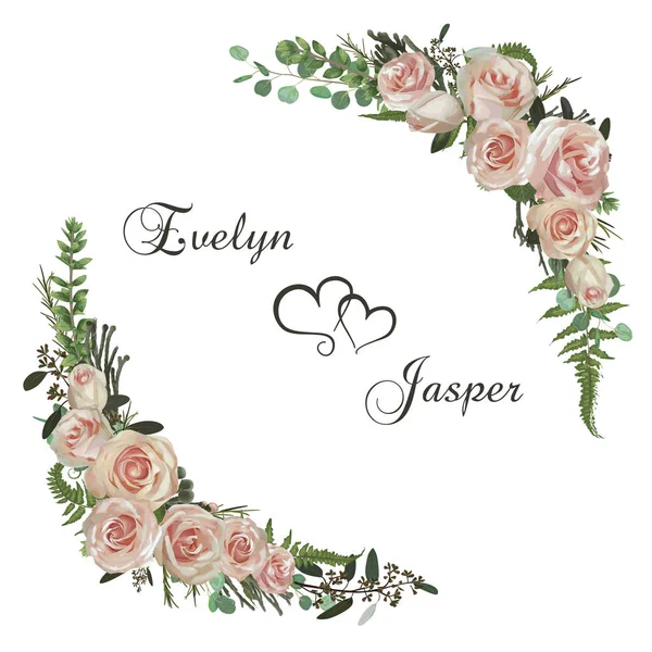 Vektör çiçek buketi tasarım kümesi, yeşil orman yaprağı, brunia, fern, dalları şimşir, şimşir, okaliptüs, eustoma, güller ve chamaelaucium. Suluboya stil, otlar. Düğün davetiye kartı izole öğesi için