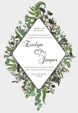 Dikey çiçek davet düğün, kart davet ediyoruz. Vektör suluboya yeşil orman fern, otlar, brunia, okaliptüs, dalları şimşir, şimşir ve chamaelaucium ayarlayın. Botanik dekoratif yuvarlak kare, rhomb, geometrik. Rhombus