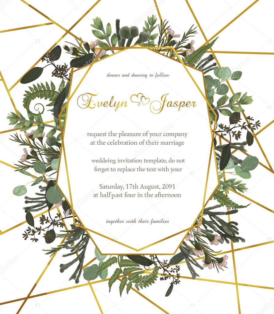 Design watercolor vector geometric golden frame on a white background with leaves of forest fern, boxwood and eucalyptus branches, brunia. Can be used for wedding invitations, postcards, posters, certificates,