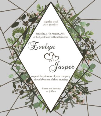 Düğün çiçek davet kartı. Vektör yeşil orman yaprak, fern, dalları şimşir, şimşir, okaliptüs, brunia. Rhomb, Altın çizgili gri bir arka plan üzerinde geometrik çerçeve