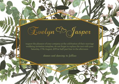 Vektör poligonal altın çerçeve orman fern, şimşir, brunia ve okaliptüs şube yapraklarda beyaz bir arka plan ile. Düğün davetiyeleri, kartpostallar, posterler, sertifika için uygundur.