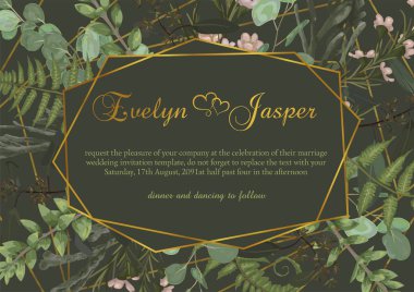 Vektör yeşil zemin üzerine bir orman fern, şimşir, brunia ve okaliptüs şube yapraklarla poligonal altın çerçeve. Düğün davetiyeleri, kartpostallar, posterler, sertifika için uygundur.