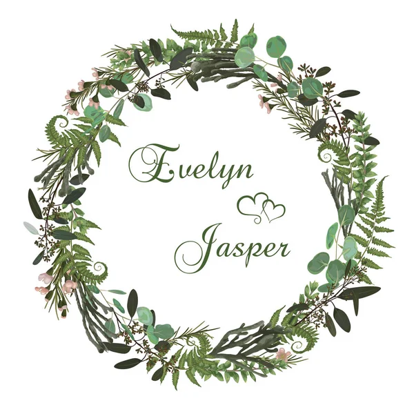 Yaprakları okaliptüs, brunia, fern ve şimşir çiçek kartı. Yeşil yuvarlak çerçeve. Rustik tarzı. Düğün, Doğum günü, parti, tarihi kaydetmek için. Vektör çizim. suluboya styl