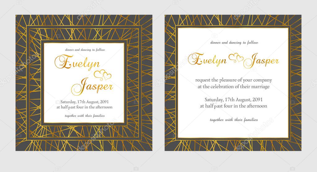 Vector set of wedding invitations. On a dark black gray background with gold lines, stripes, guides. In a decorative square frame. Template constructor cards, invitatio
