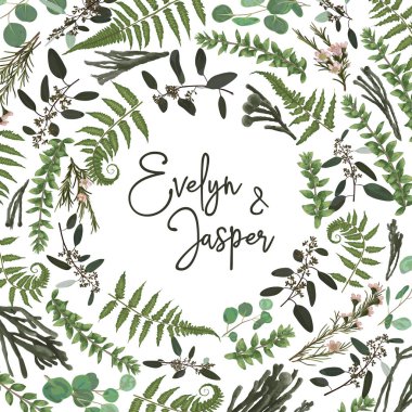 Yeşil vektör çelenk çerçeve dal ve yaprakları yapılmış. Orman fern, otlar, okaliptüs, dalları şimşir, şimşir, brunia, botanik yeşil beyaz arka plan üzerinde izole. Düğün davetiyeleri için kartpostal
