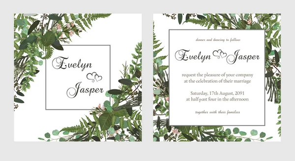 Set Wedding Invitation Greeting Card Date Banner Fern Leaf Boxwood Stock Illustration