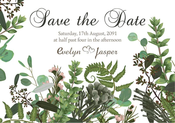 Çiçek kartı düğün davetiyesi, yeşil suluboya, okaliptüs, orman fern, otlar, okaliptüs, dalları şimşir, botanik yeşil, yatay çerçeve, kare. Kartpostal templat
