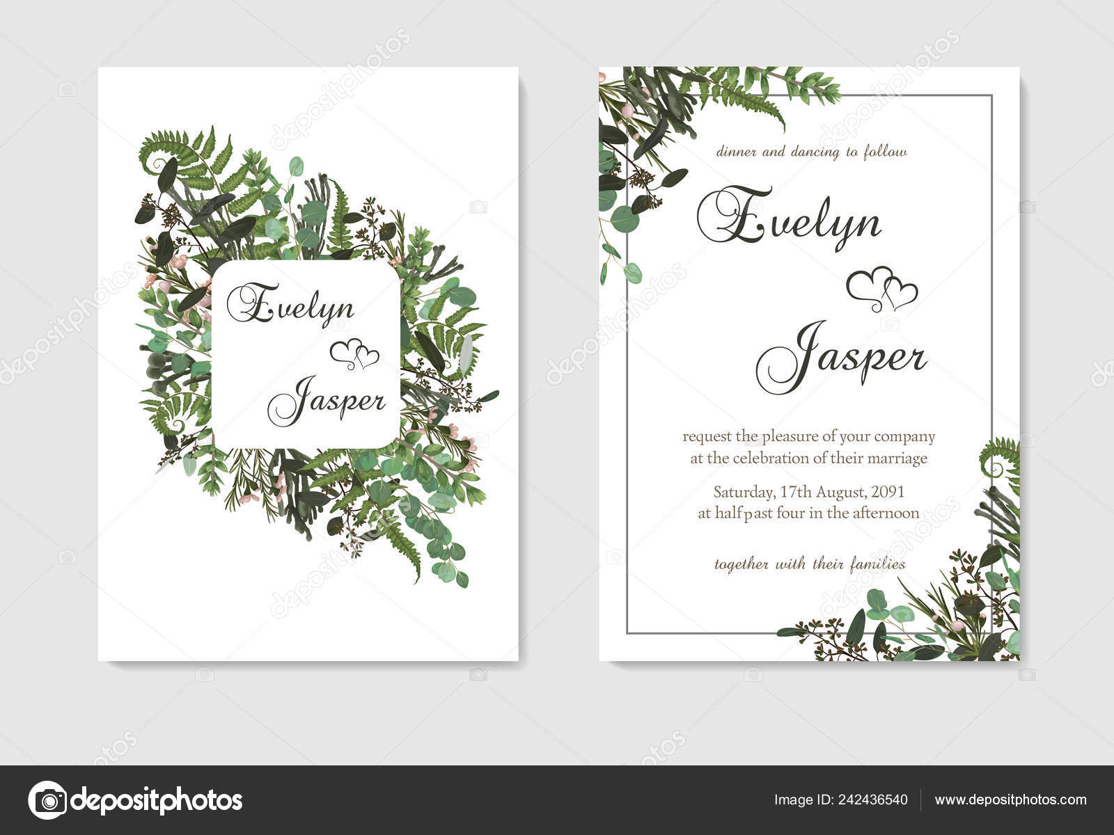 Set Wedding Invitation Greeting Card Date Banner Fern Leaf Boxwood Stock Vector C Bugege 242436540
